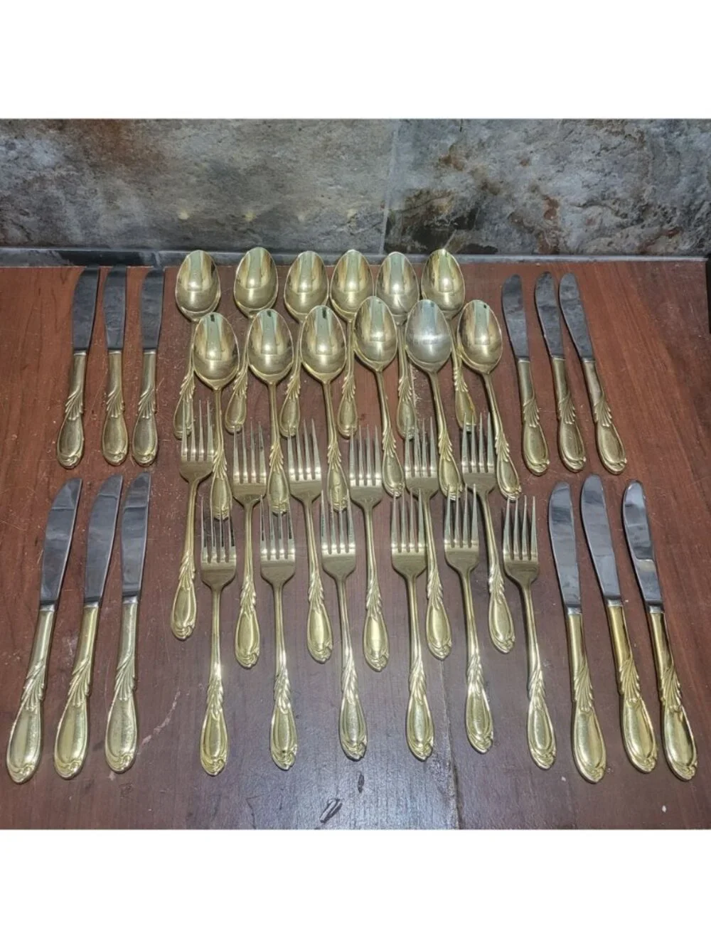 36 Piece Classic Plume Gold Electroplated Flatware Marked Stainless Steel Korea